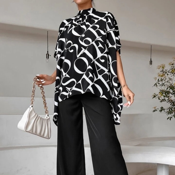 Shein Letter Number Print Bat Sleeve Moc Neck Cape Blouse Sz Large - Picture 1 of 6